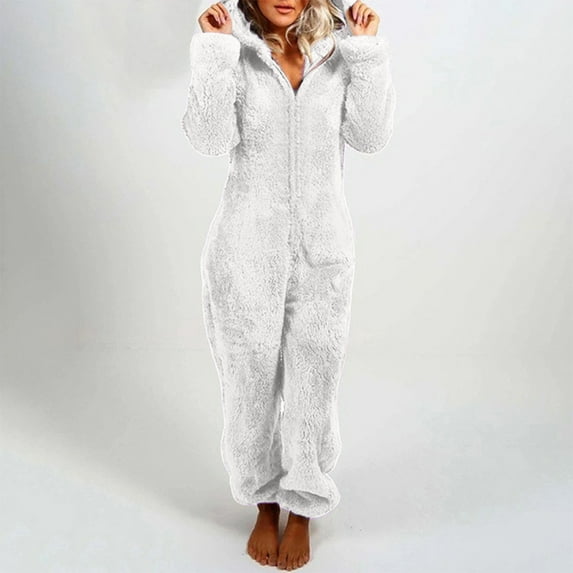 Wensltd Womens Fleece Pajamas Jumpsuit Warm Sleepwear One Piece Zipper Loungewear