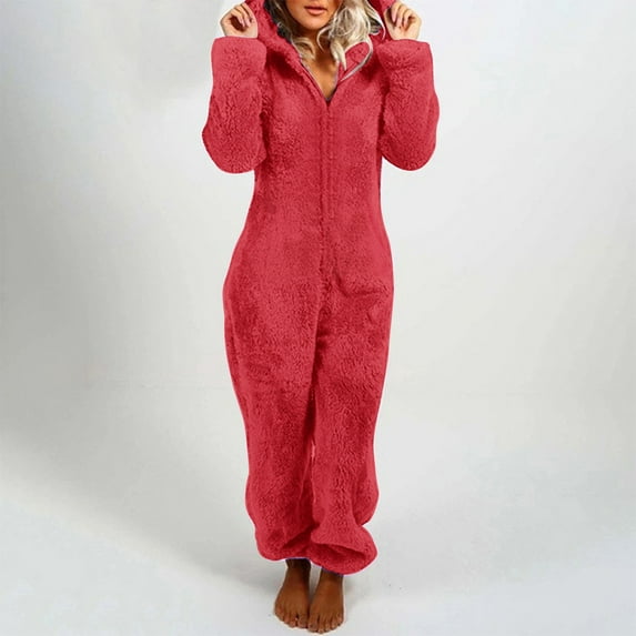 Wensltd Womens Fleece Pajamas Jumpsuit Warm Sleepwear One Piece Zipper Loungewear