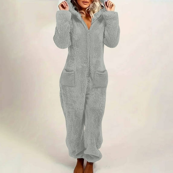 Wensltd Womens Fleece Pajamas Jumpsuit Warm Sleepwear One Piece Zipper Loungewear