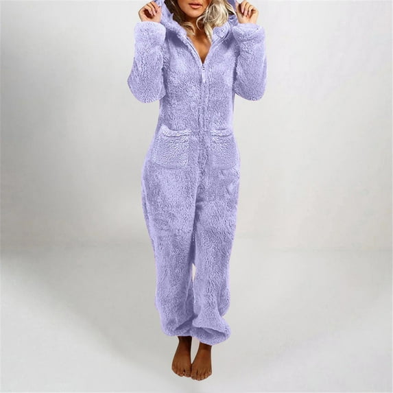 Wensltd Womens Fleece Pajamas Jumpsuit Warm Sleepwear One Piece Zipper Loungewear