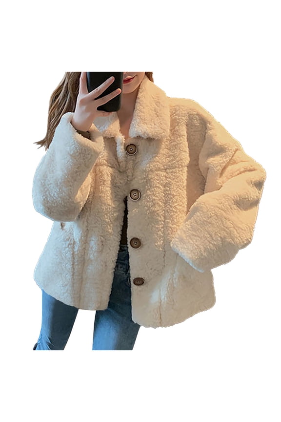 Womens Fuzzy Fleece Jacket Oversized Collarless Button Down Coats Casual Winter Outerwear