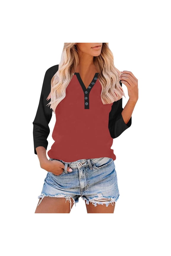 Womens Loose Top Button 3/4 Sleeve Raglan T-shirt