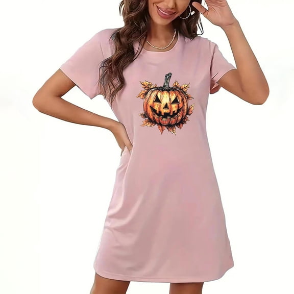 Wensltd Womens Nightgown Soft Short Sleeve Halloween Pajamas Women Cute Print Nightdress