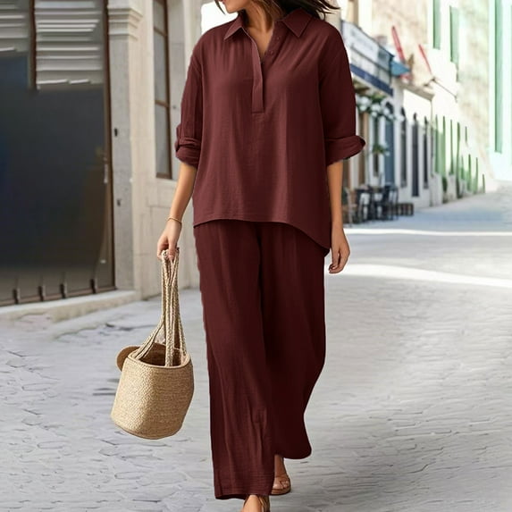 Wensltd Womens Outfits Summer Linen Set Casual Long Sleeve and Wide Leg Pants