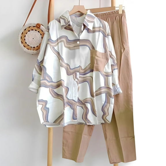 Wensltd Womens Outfits Summer Striped Set Casual Long Sleeved Two-piece Set