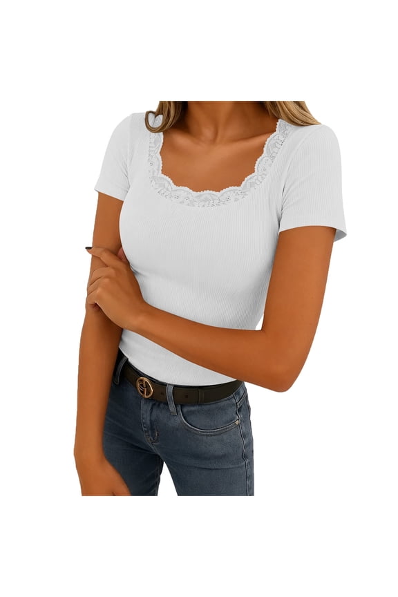Womens Ribbed Knit Lace Patchwork U Neck Short Sleeve Tops Warm Comfortable Fashion Layering Basic Tees