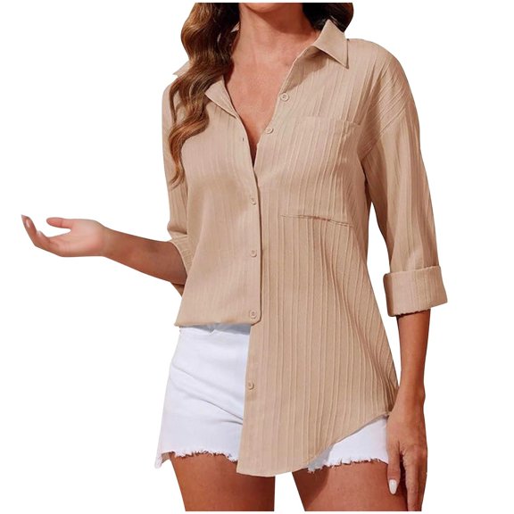 Wensltd Womens Solid Color Button Down Work Shirt Open Front Long Sleeved Blouse Coat for Spring Fall