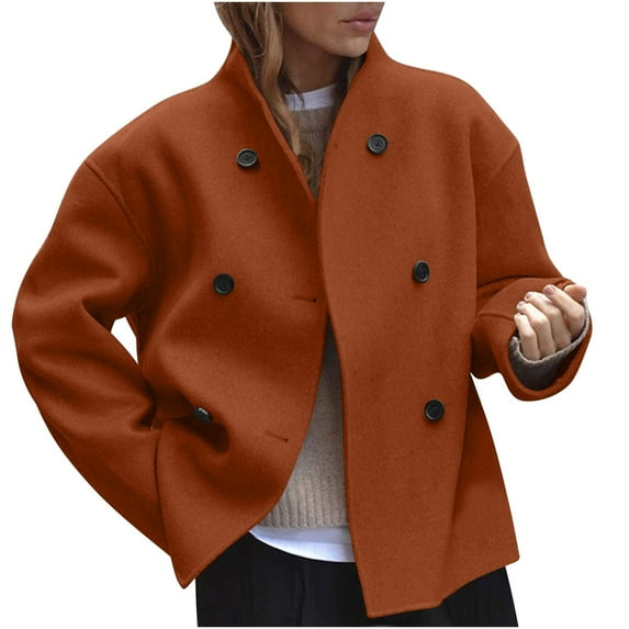 Wensltd Womens Solid Color Retro Brown Wool Blend Coat Long Sleeve Warm Casual Outerwear for Fall Winter Outdoor Fashion Stylish Jackets