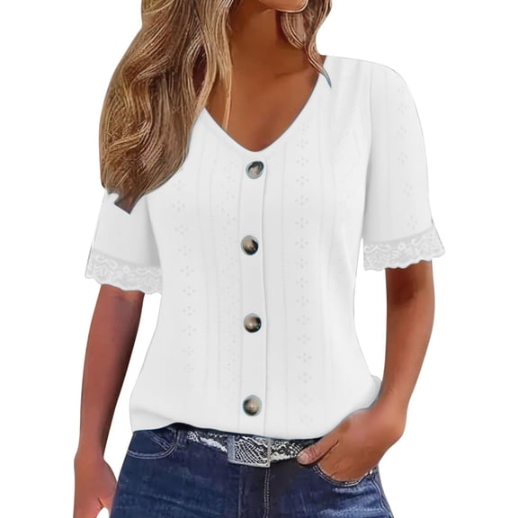 Wensltd Womens Solid Color V Neck Lace Patchwork Top Hollow Out Short Sleeve Tops Fashion Summer Casual Blouse