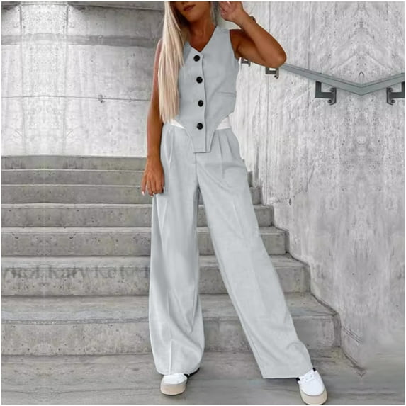 Wensltd Womens Solid Color V-neck Sleeveless Vest High Waisted Wide Leg Pants Set
