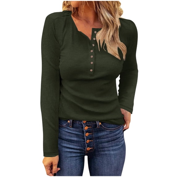 Wensltd Womens Solid Color Waffle Top Round Neck Button Detail Long Sleeve Casual Top Comfortable Pullover Shirt for Fall