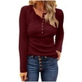 thumbnail image 1 of Wensltd Womens Solid Color Waffle Top Round Neck Button Detail Long Sleeve Casual Top Comfortable Pullover Shirt for Fall, 1 of 4