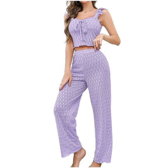 Wensltd Womens Summer Sleeveless Outfits 2 Piece Lace Trim Top and Wide Leg Pants Lightweight Home Clothing