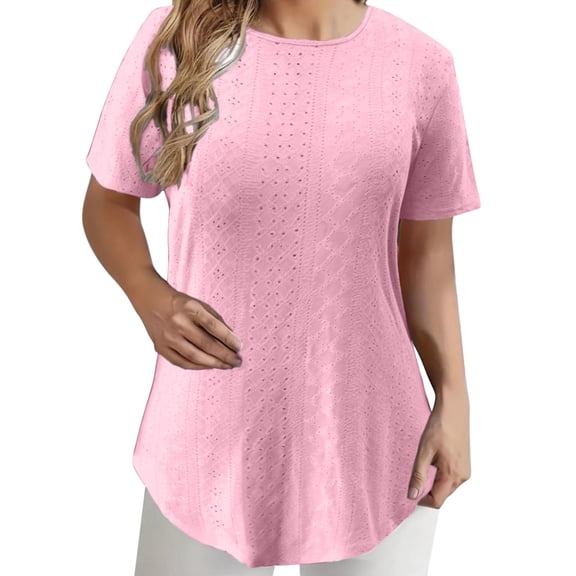 Wensltd Womens Summer Tops Solid Color Casual Short Sleeve T Shirts Trendy Soft Lightweight Round Neck Plus Size Tee