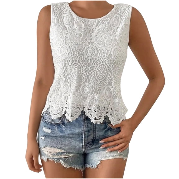Wensltd Womens Tank Tops Summer Lace Detail Solid Color V Neck Sleeveless Tops Elegant Soft Breathable Tops White