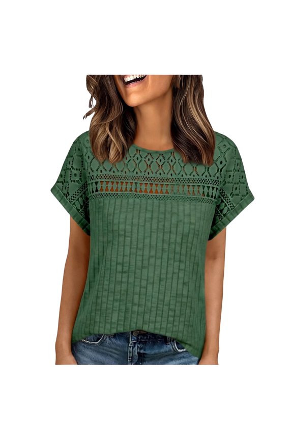 Womens Trendy Tops Spring Summer Short Sleeve Fashion Solid Color T Shirt Lace Trim Patchwork Loose Fit Blouses Green S