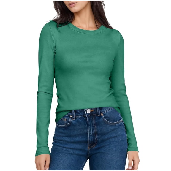 Wensltd Womens Undershirt Solid Color Round Neck Long Sleeve Basic Top Simple Pullover Layering T-Shirt Black