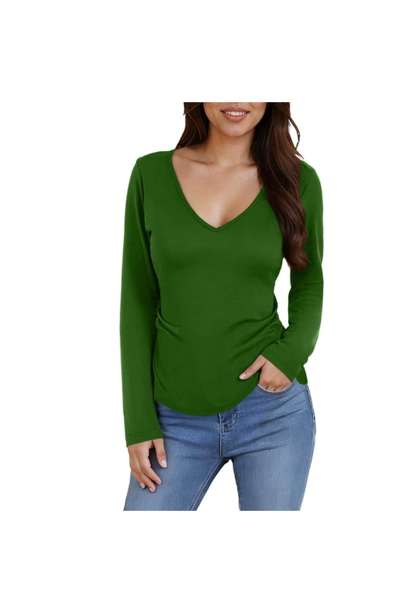 Womens V Neck Base Layer Top Solid Color Long Sleeve Tee Casual Comfortable Undershirt for Spring and Fall