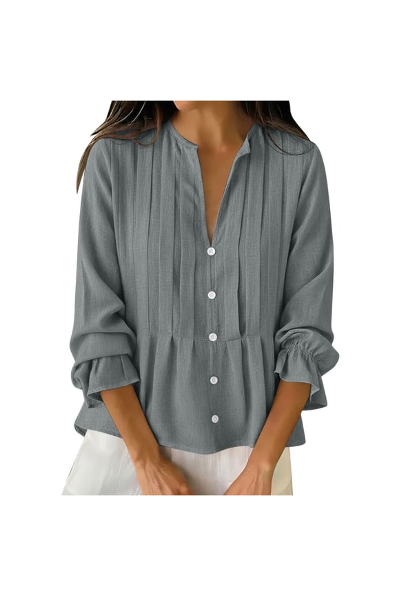Womens V Neck Blouse Work Casual Lightweight Spring Summer Long Sleeve Blouses Pleated Button Front Cotton Linen Tunic Tops Gray XXL