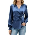 thumbnail image 1 of Wensltd Womens V Neck Satin Blouses Elegant Ruffled Long Sleeve Tops Casual Outfits Fashion Dressy Work Shirts, 1 of 7