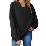 Wensltd Womens V Neck Sweatshirts No Hood Solid Color Casual Long Sleeve Pullover Tops