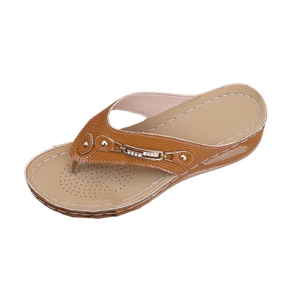 Wensltd Womens Vacation Sandals Comfortable Round Toe Slip On Thong Style Wedge Sandals for Summer Outdoor Wear Brown