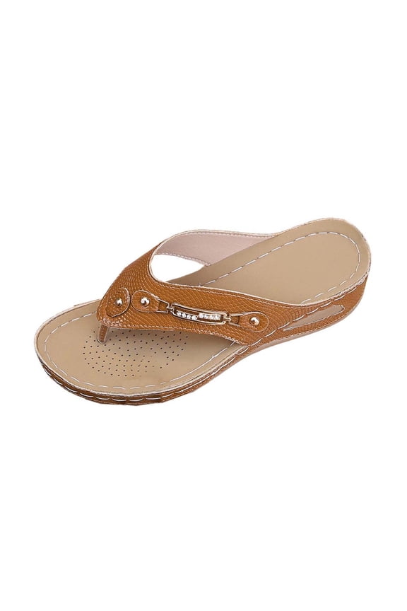 Womens Vacation Sandals Comfortable Round Toe Slip On Thong Style Wedge Sandals for Summer Outdoor Wear Brown