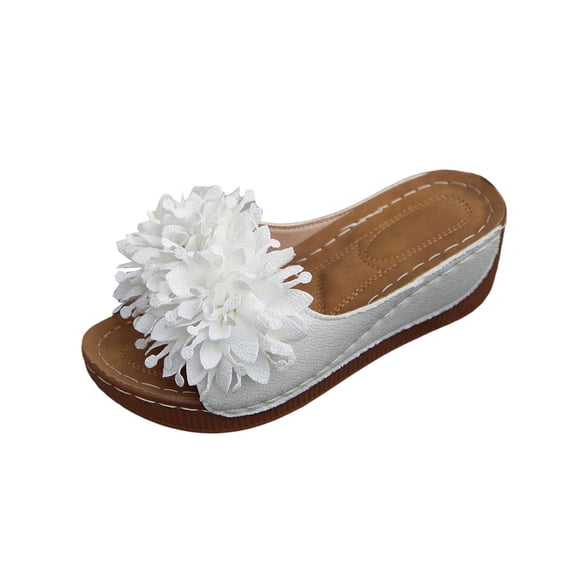 Wensltd Womens Vacation Sandals Comfortable Round Toe Solid Color Floral Design Thick Sole Wedge Sandals White