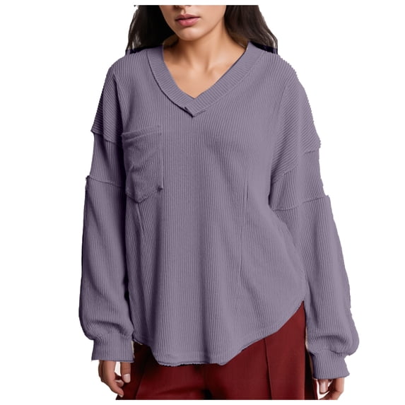 Wensltd Womens Waffle Knit Tops Casual V Neck Loose Pullover Shirts with Pocket Comfy Solid Color Tops