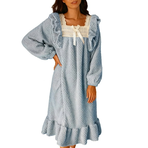Wensltd Womens Winter Fashion Nightgown Thick Warm Long Sleeve Square Neck Elegant Sleep Dress for Cold Nights Pink