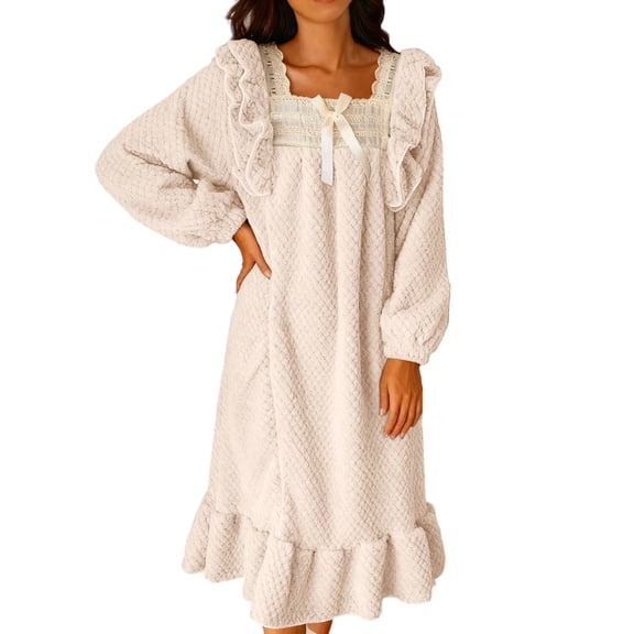 Wensltd Womens Winter Fashion Nightgown Thick Warm Long Sleeve Square Neck Elegant Sleep Dress for Cold Nights Pink