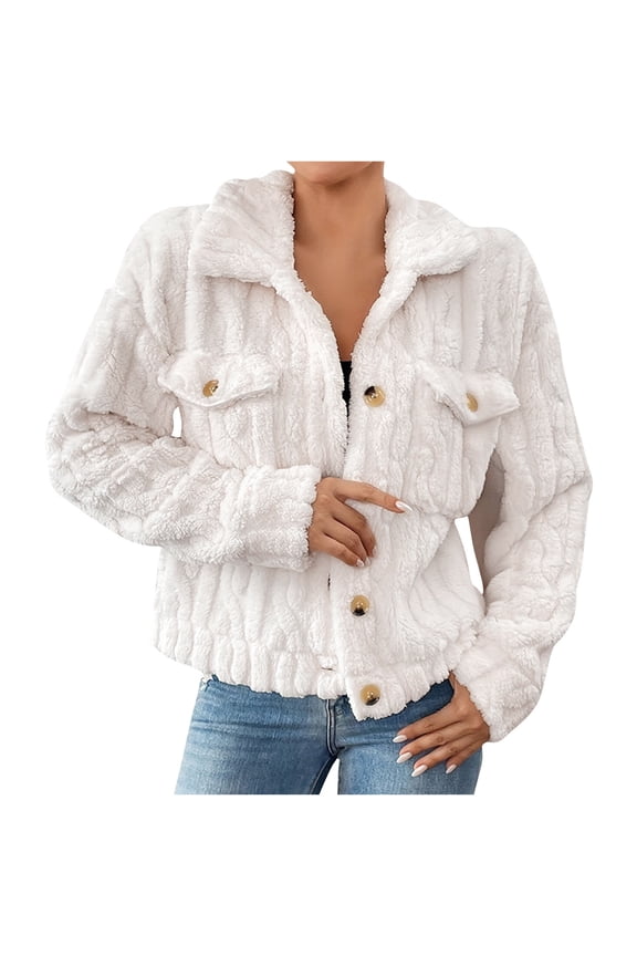 Womens Winter Fleece Cardigan Jacket Button Long Sleeve Warm Fuzzy Outwear Coat with Pockets