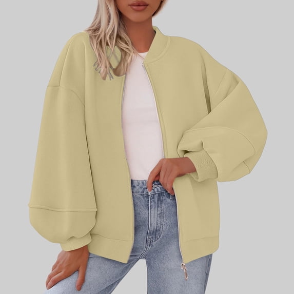 Wensltd Zipper Jackets for Women Double Pocket Long Sleeve Hoodless Stand-Up Collar Casual Outwear