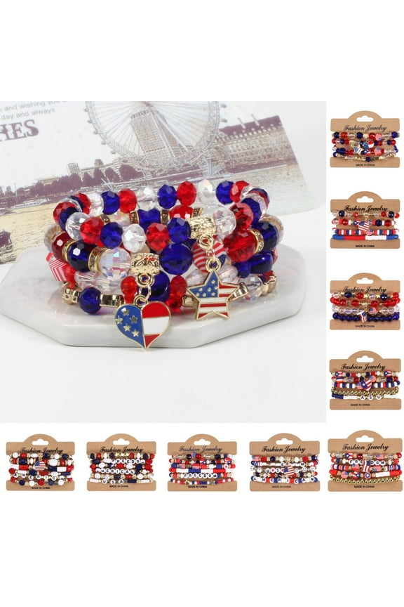 Wentin Bracelets Clearance! 20204 New American Flag Red White And Blue Artificial Crystal Bracelet American Independence Day Multi Layered Beaded Stretch Bracelet
