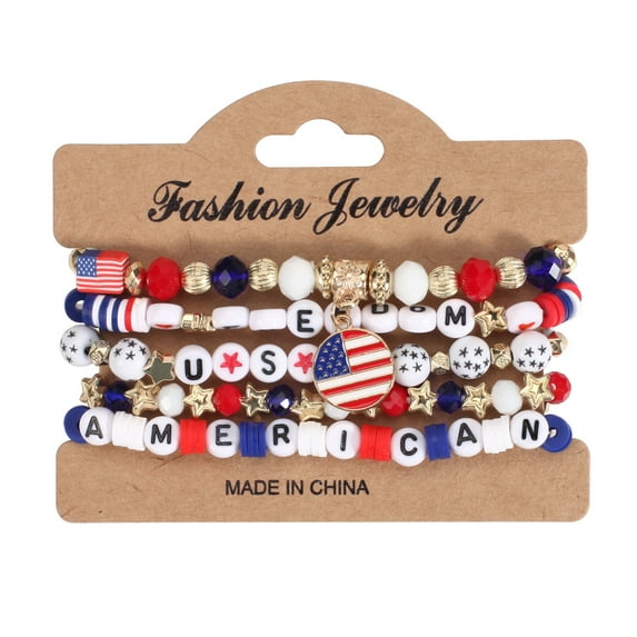 Wentin Bracelets Clearance! 20204 New American Flag Red White And Blue Artificial Crystal Bracelet American Independence Day Multi Layered Beaded Stretch Bracelet