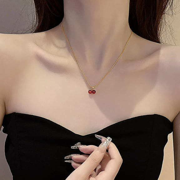 Wentin Necklaces & Pendants Clearance! The 925 Silver Red Cherry Necklace Simple Compact And Versatile Necklace Enamel Pendant