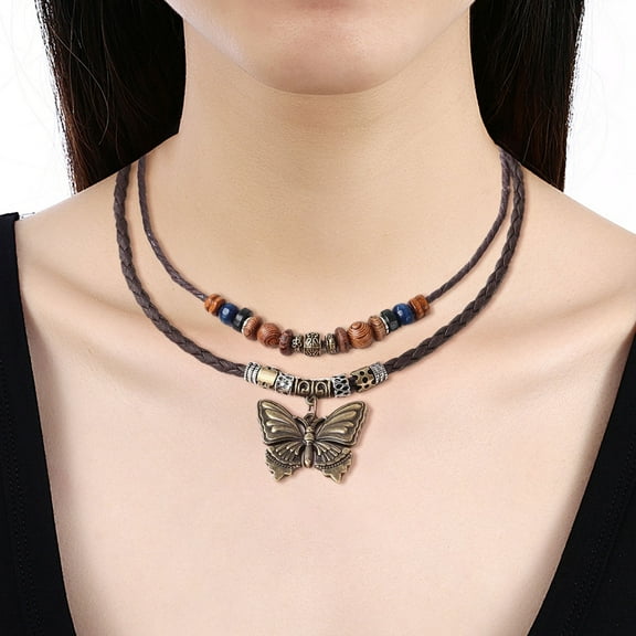 Wentin Necklaces & Pendants Clearance! Women'S 1pc Vintage Butterfly Wooden Beads And Pu Leather Women'S Necklace Suitable For Valentine'S Day Leather No Gems