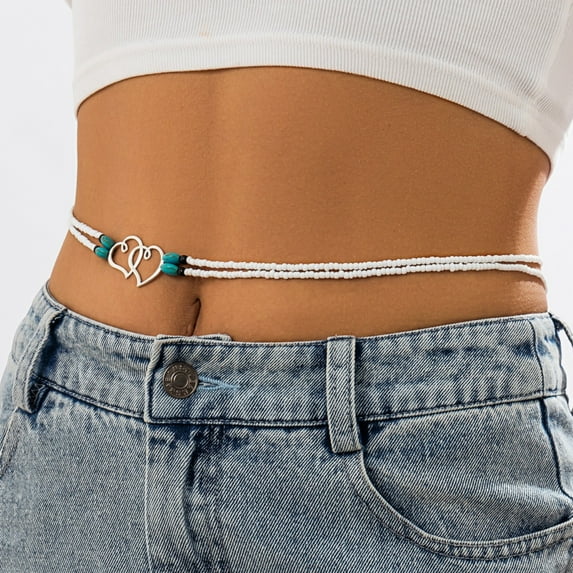 Wentin Reduced Body chain Europe And The United States Summer Beach Rice Beaded Beaded Belly Chain Double Sexy Turquoise Love Ladies Waist Chain