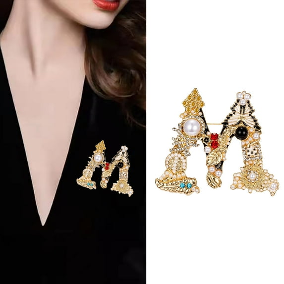 Wentin Reduced Brooch Crystal Pearl Initial Brooch Gold Plated Enamel Colored Letter Letter Brooch Brooch Jewelry