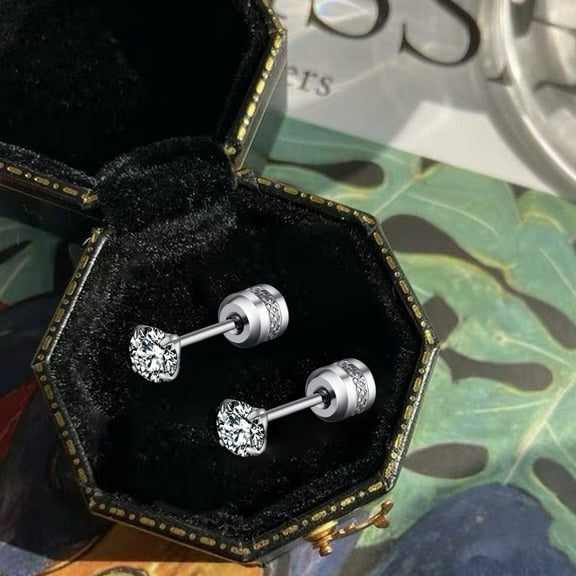 Wentin Reduced Earrings Lady Pack Of Titanium Screw Back Earrings For Sensitive Ears Titanium Steel Thin Cylinder Simple Diamond Encrusted Earrings