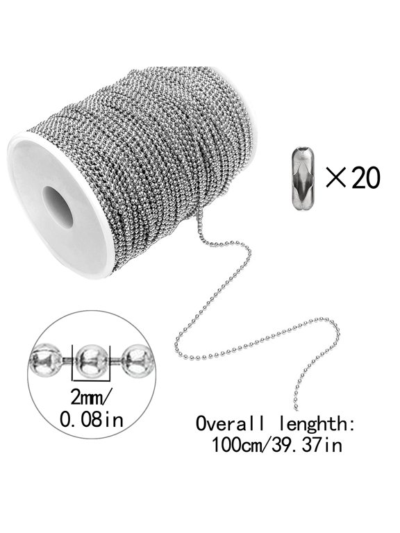 Wentin Reduced Jewelry materials Ball Bead Chain Stainless Steel 33ft/10m Beaded Dog Chain Necklace Chains For Jewelry Making DIY Crafts Silver Metal Small Bead Chain Roll With 20pcs