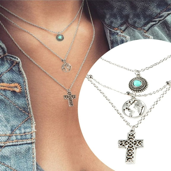 Wentin Reduced Necklaces & Pendants Personality Turquoise Map Three Layer Necklace Sliver Necklace Multi Layer Necklace Costume Jewelry For Women