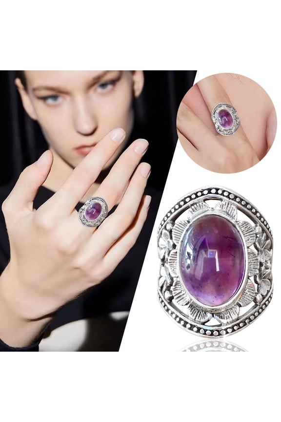 Wentin Reduced Rings Amethyst Ring Ancient Silver Inlaid Retro Old Women's Men's Hand Jewelry Colorful Crystal Ring