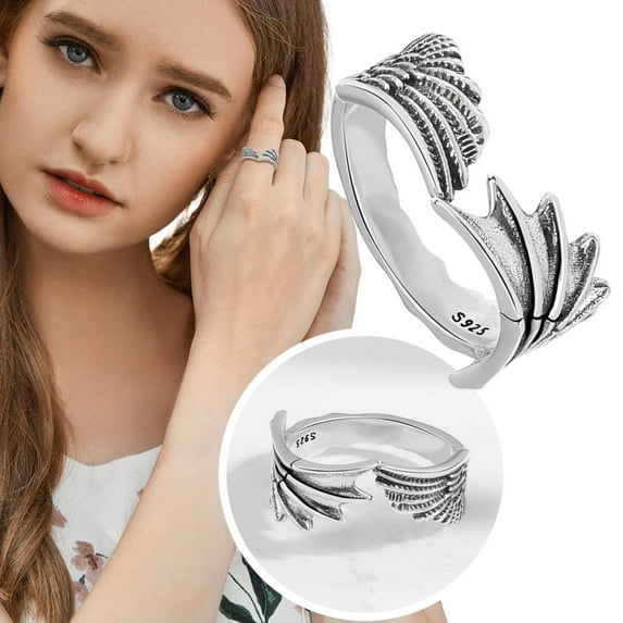 Wentin Reduced Rings Retro Vintage Angel And Rings Trendy Personality For Men Index Finger Ring Open Ring Anti Thai Silver Wing Ring For Women