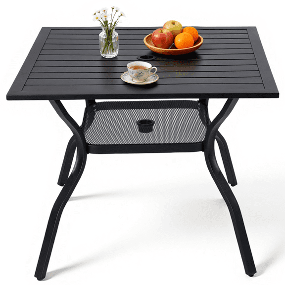 Wentum 37" Square Outdoor Dining Table for 4, Metal Dining Table with Adjustable Umbrella Hole for Garden, Backyard and Porch, Black