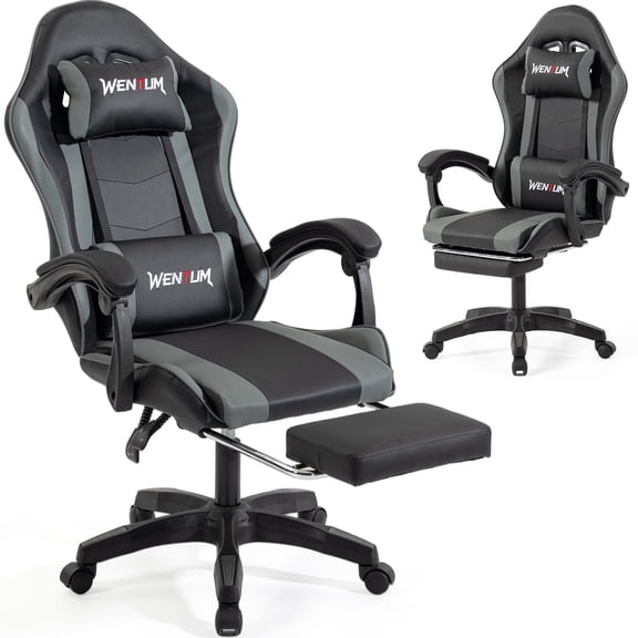 Wentum Ergonomic Gaming Chair Office Chair with Adjustable Headrest & Footrest, 90-135 Recliner, 360 Swivel, Black/Grey