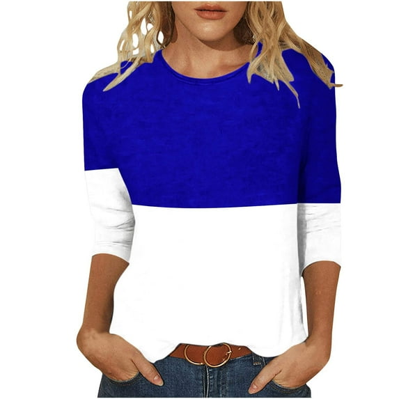 Wenyuyu 3/4 Sleeve Tops for Women Dressy Casual Trendy Color Block T Shirts Summer Crewneck Comfy Pullover Tunic Blouses Blue L