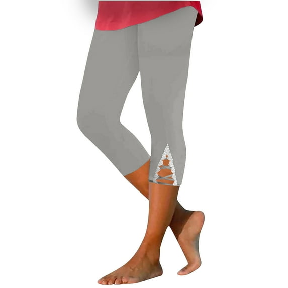 Wenyuyu Capri Leggings for Women Joggers Elastic Waist Trendy Lace Trim Cross Strap Leggings Solid Fashion Stretch Yoga Pants Gray XXL