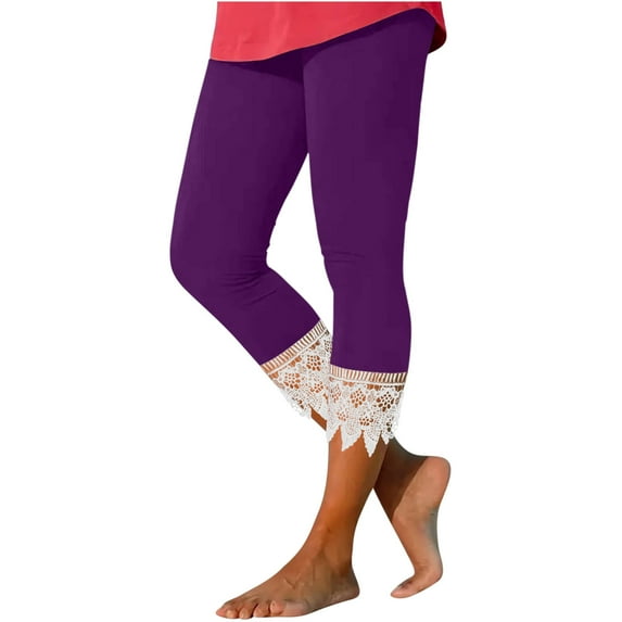 Wenyuyu Capri Leggings for Women Summer Plus Size Lace Trim Stretch Cropped Pants Solid Soft Workout Yoga Knee Length Pants Purple 3XL