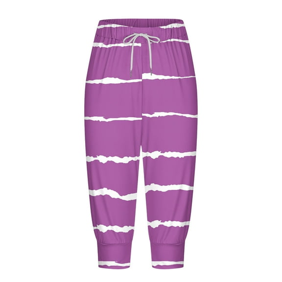Wenyuyu Capri Pants for Women Drawstring Elastic Waist Cozy Running Pants Striped Fitness Cropped Trousers with Pockets Purple XL